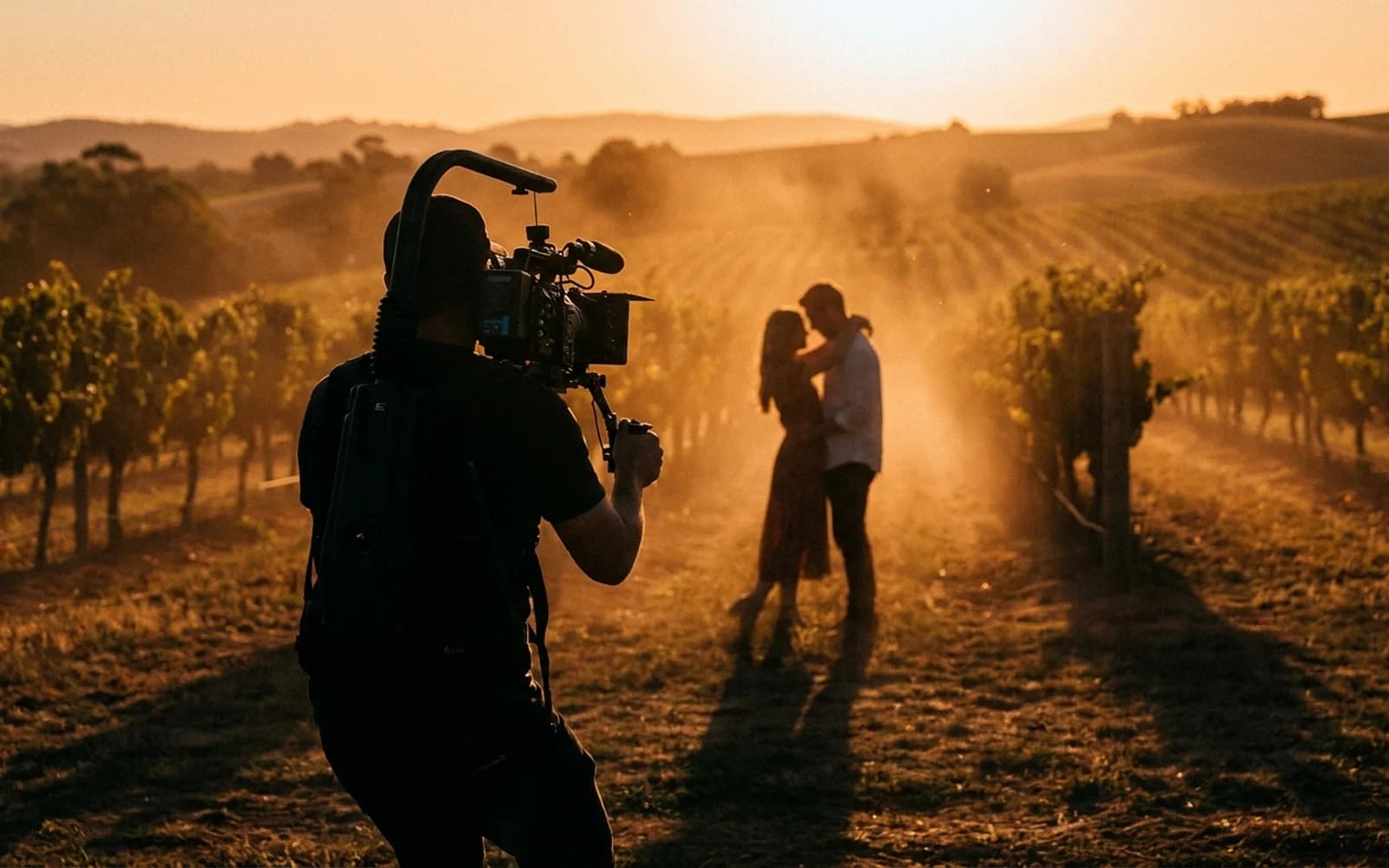 A videographer in silhouette filming a couple at a South Australian winery wedding