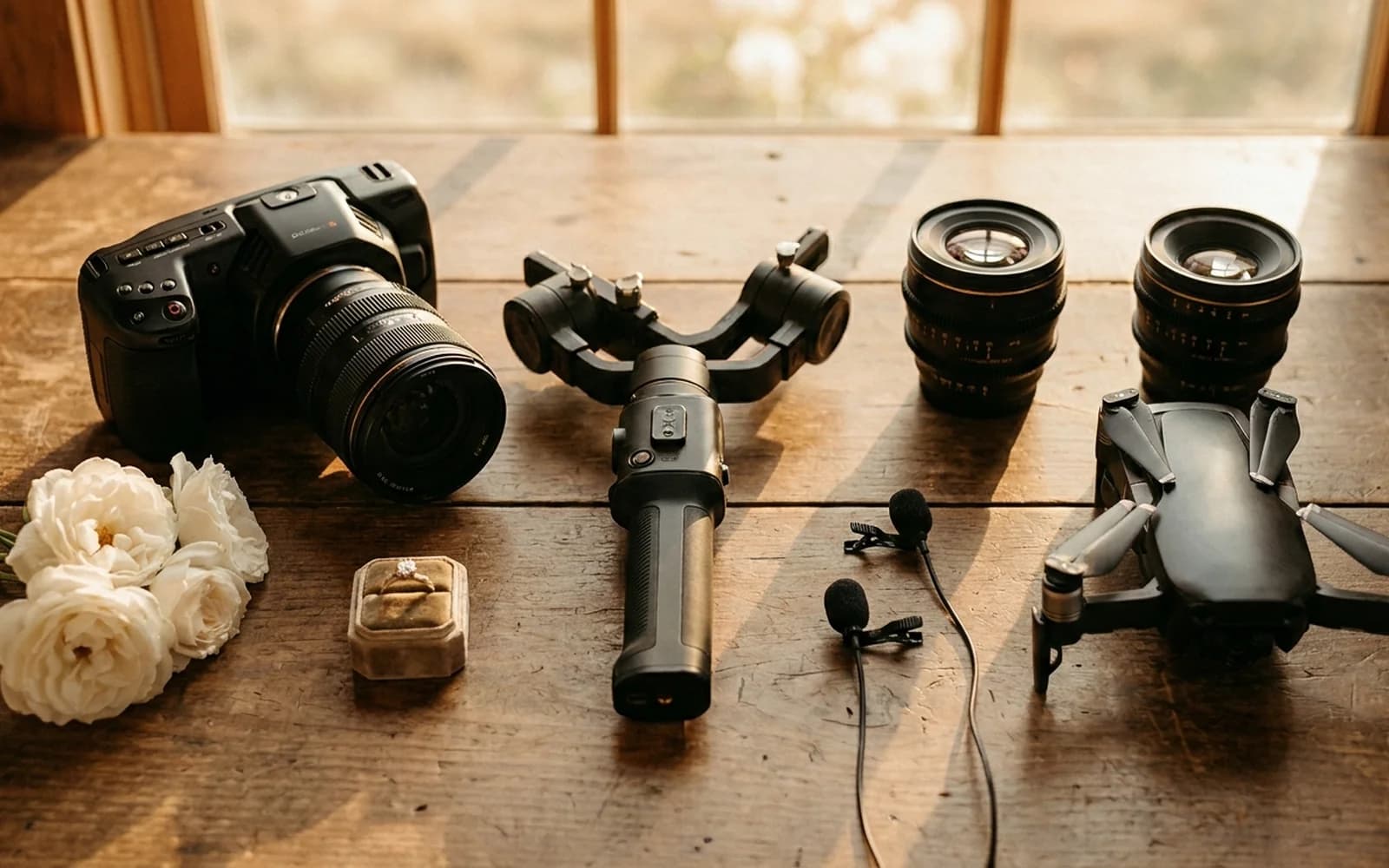 A wedding videographer's camera, gimbal and lenses laid out before a wedding