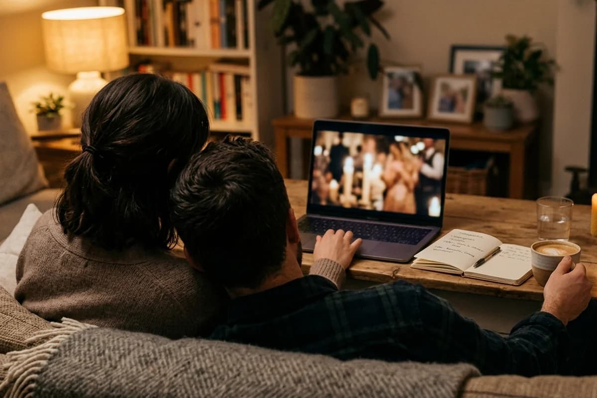 A couple reviewing wedding videographer showreels on a laptop