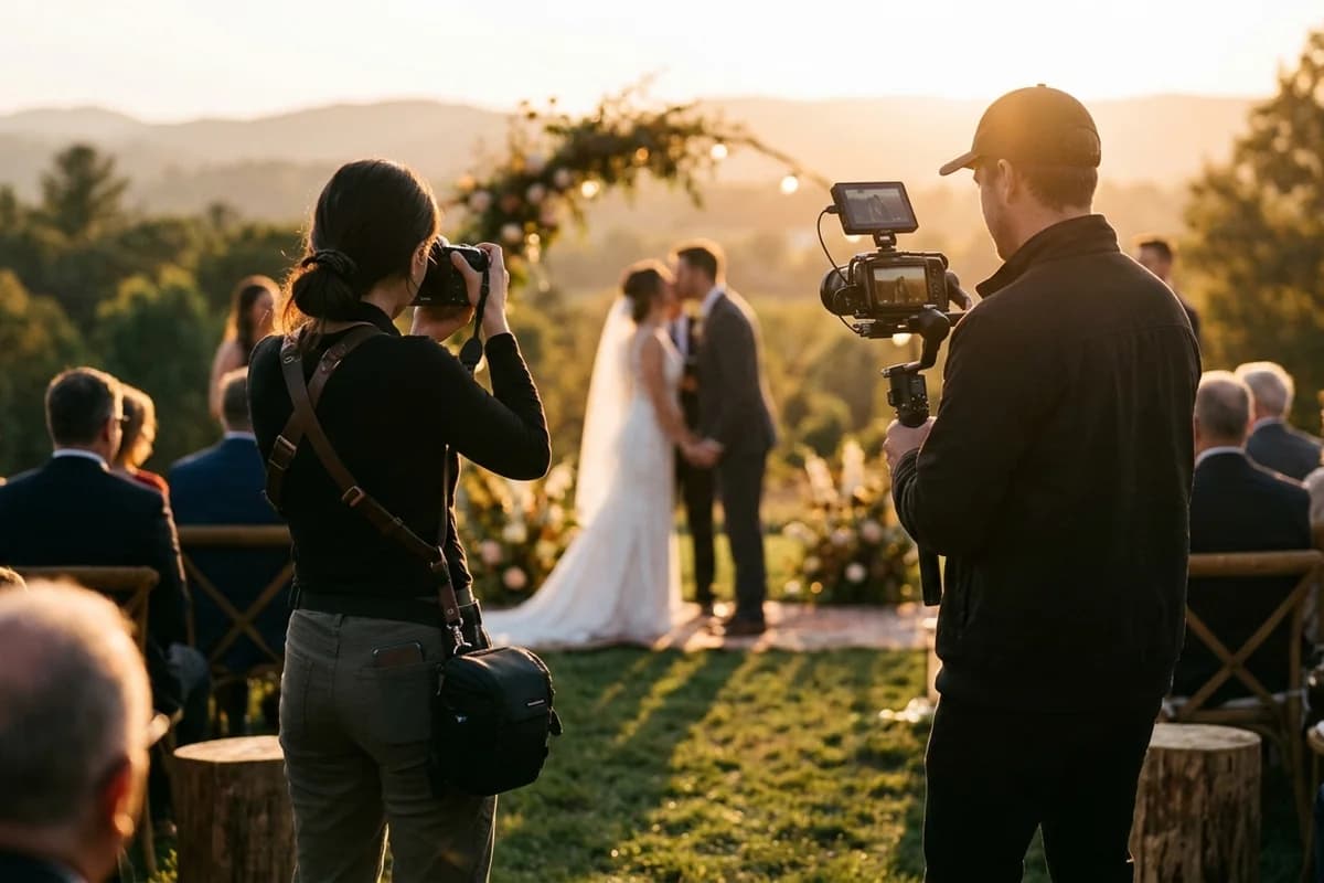 A wedding photographer and videographer working side by side at a ceremony