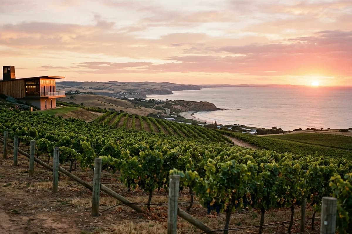 McLaren Vale vineyards with the Fleurieu coastline in the distance at sunset