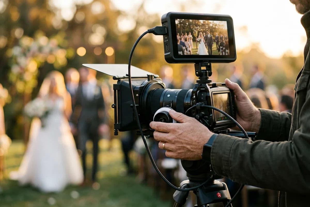 A wedding videographer reviewing footage on a camera monitor at golden hour