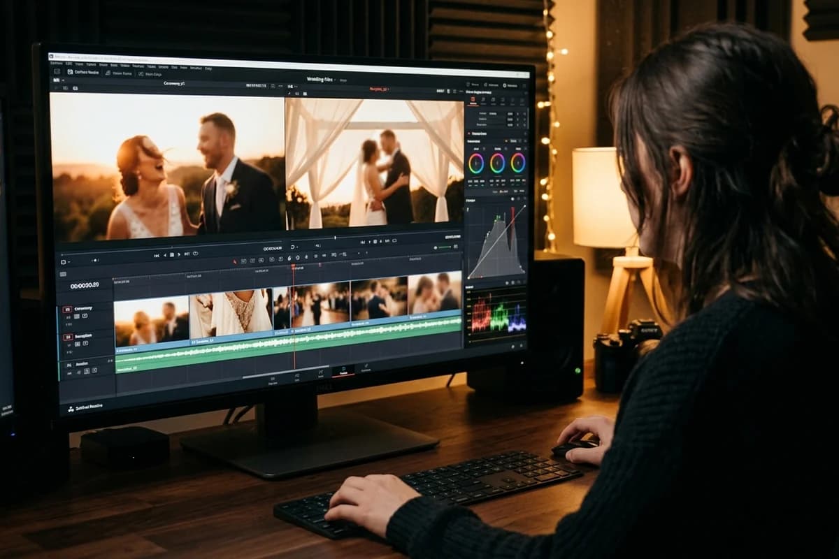 A montage of wedding film stills shown on an editing timeline